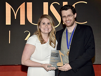 Austin Wintory (right) with ASCAP Associate Director, Film & TV, Rachel Perkins (photo by Getty Images for ASCAP)